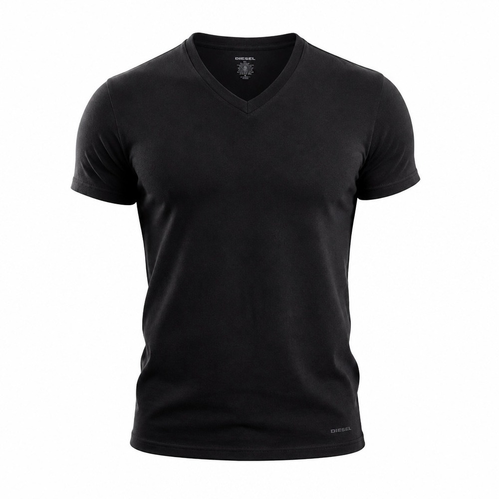 Diesel‎ Mens Black V-Neck Short Sleeve Cotton T-Shirt Size Large Logo Hem